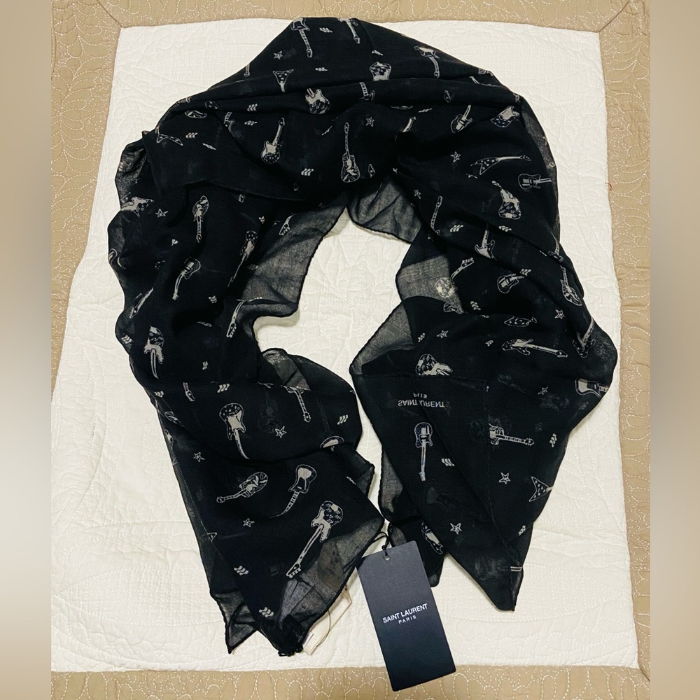 YSL Saint Laurent wool Black Musical Motif Scarf